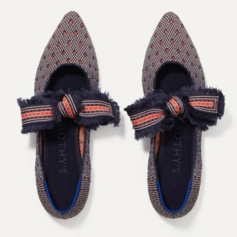 Rothy's Navy and Red Patterned Flats with Bow